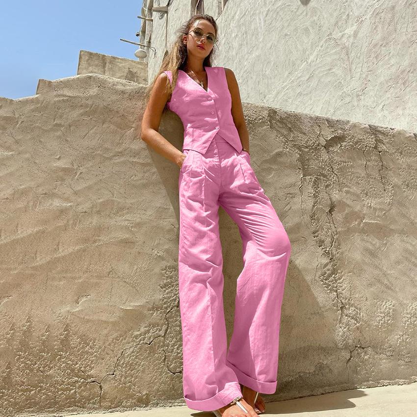 European and American Street Wind Cotton and Linen Sleeveless Vest Straight Pants Two-piece Set Women's 1116 Spring New Fashion Suit