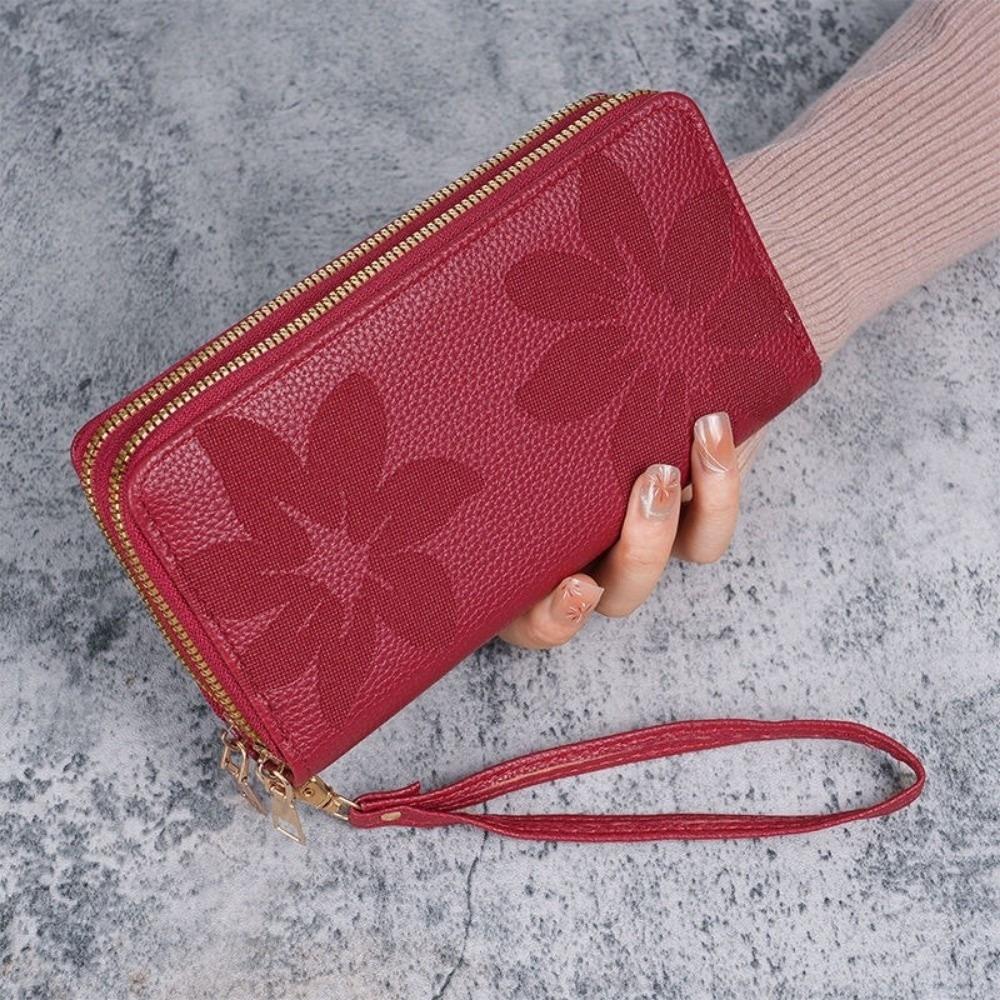 Double Zipper Ladies Long Wallet PU Leather Large Capacity Handle Bags Multi-layer Floral Embossed Zero Wallet