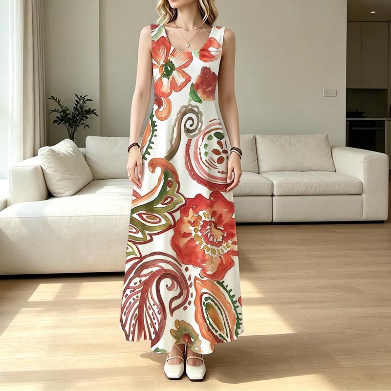 Vacation Style Sleeveless Maxi Dress Lightweight Floral Print Flowy Dress,Versatile for Casual Daily Wear