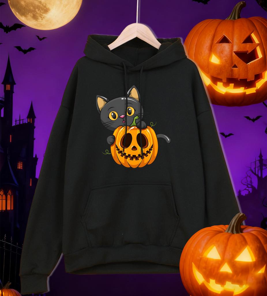 Halloween Cute Cat And Pumpkin Printing Hoodies Male Loose Pocket Pullovers Fleece Fashion Hoody Autumn Comfortable Sportswear