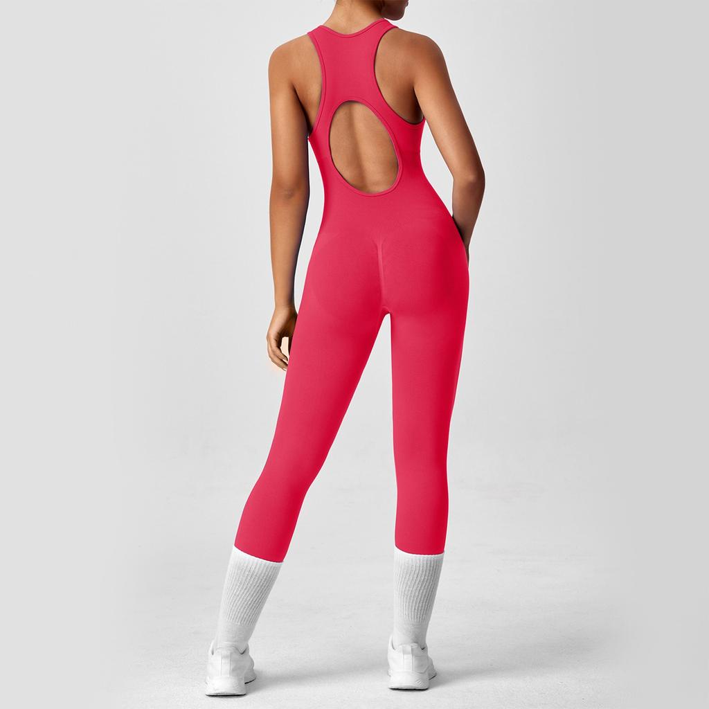 Tuta da Yoga da Donna alla Moda Monocolore Girocollo Schiena Stretta Tuta da Yoga