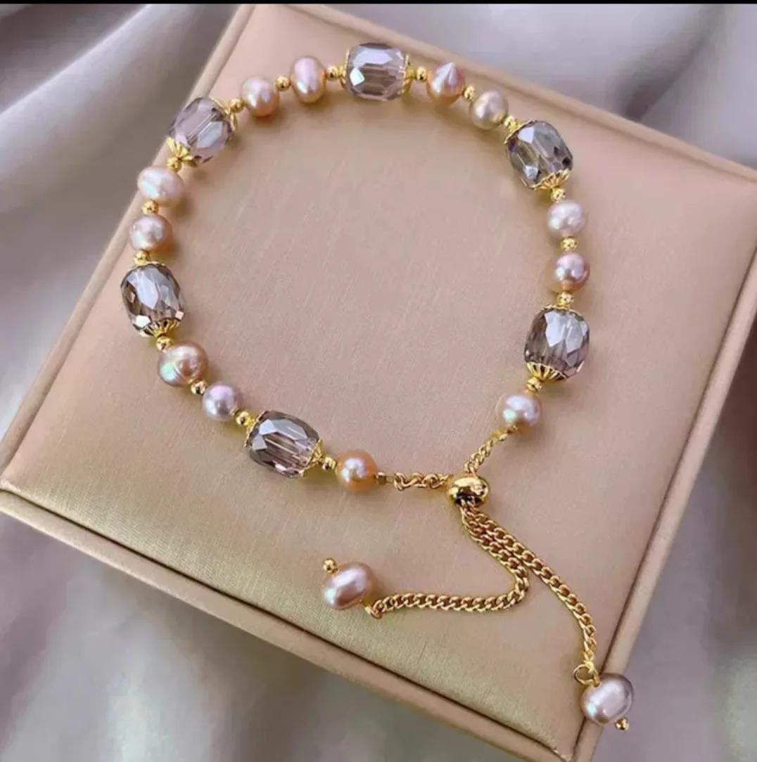 Exquisite Purple Crystal Beaded Adjustable Bracelet, Elegant Pink Imitation Pearl Bracelet Fashion Accessories