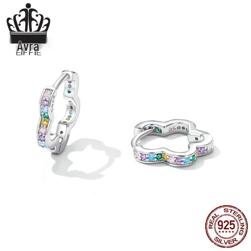 Avle Sterling Silver S925 Platinum-Plated Wreath Earrings with Colored Zircon Hollow Flowers, Model BSE612.
