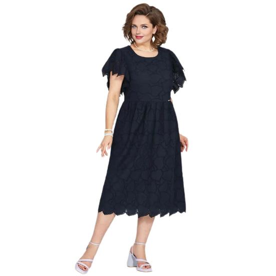 Damen Kleid Übergröße Rundhalsausschnitt Aushöhlen Stickerei Spitze Schlanke Passform Einfarbig Kurze Ärmel Pendeln Formelle Party Abschlussball Sommer Midikleid