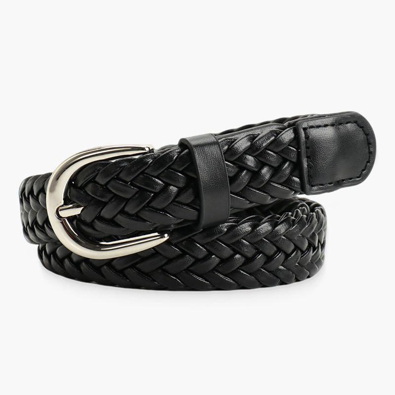 Solid Simple Color Metal Buckle No Punching Imitation Leather Woven Belt Women