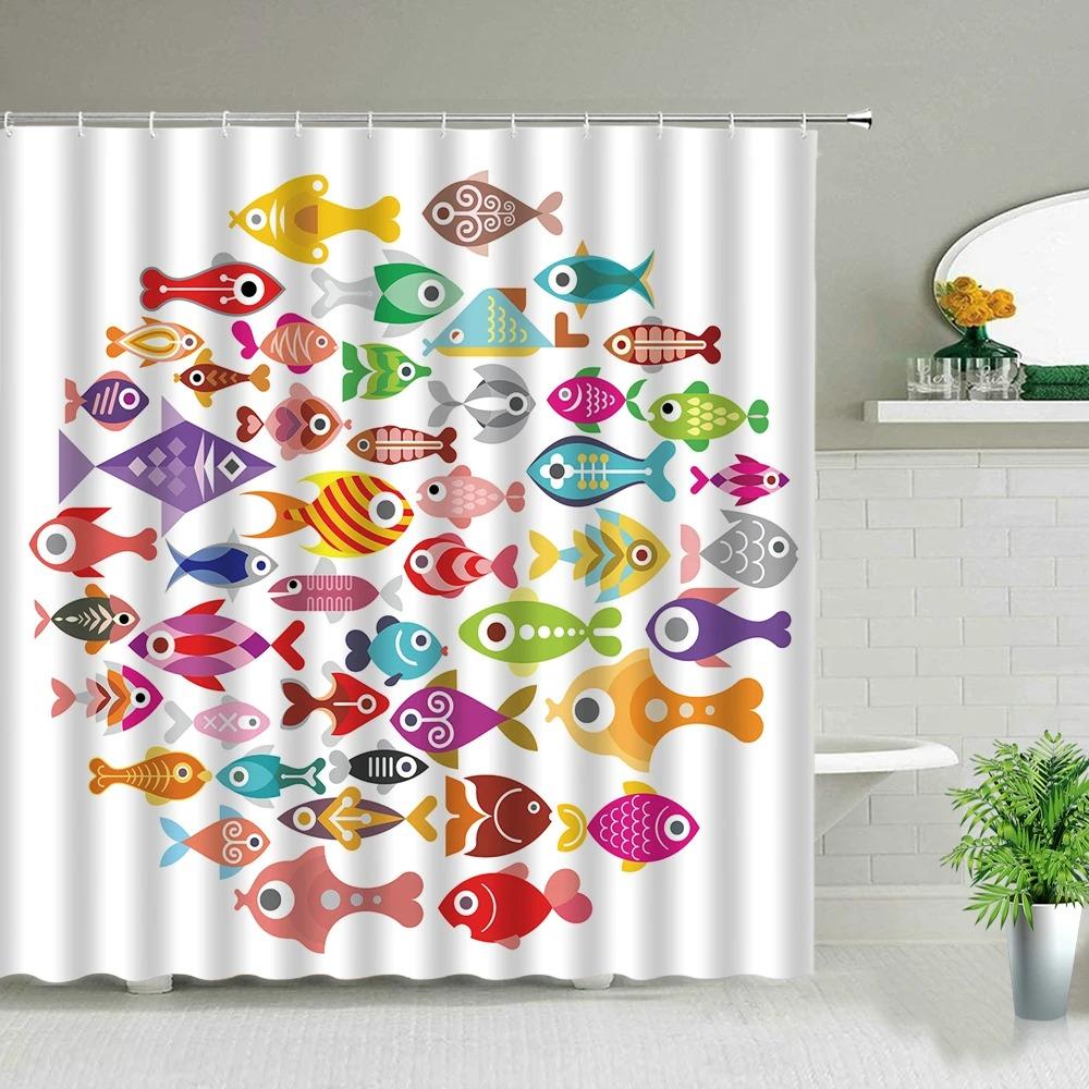 Colorful Cartoons Fish Shark Shower Curtains Ocean Life Children's Bathroom Home Decor Cloth Curtain Set Waterproof Bath Screens