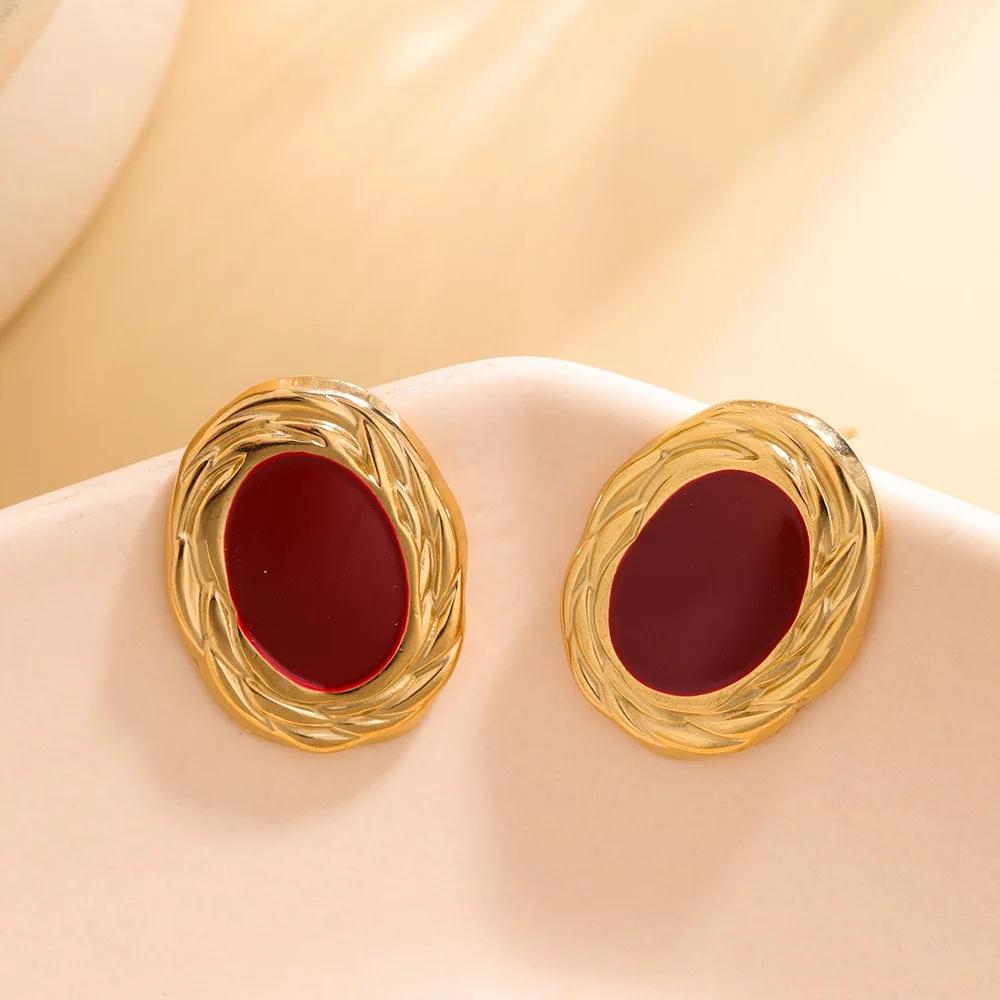 

Stainless Steel Red Black Drop Oil Oval Stud Earrings for Women Ladies Vintage Classic Temperament Drop Earrings Banquet Jewelry