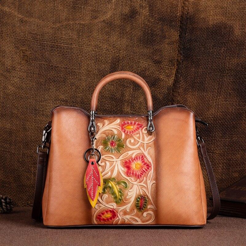 Johnature Borsa versatile in vera pelle da donna, vintage, fatta a mano, in pelle di mucca naturale goffrata, borse a tracolla