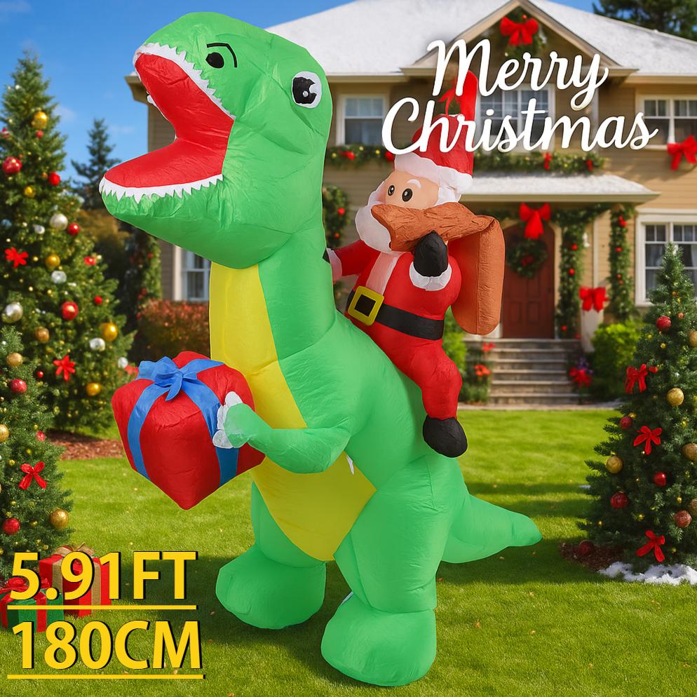 5.91FT Inflatable Santa Claus Dinosaur Toy Xmas Yard Lawn Party Decoration With LED Light Christmas Home Supplie Ornament Gift