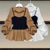 Casual and Elegant Waist Slimming Lantern Sleeve Splicing Fake Two-piece Shirt Top Lapel  Matching Patchwork Shirt Fake Blouse