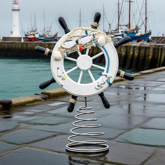 Nautical Ship Steering Wheel Tree Topper Wooden Steering Wheel Christmas Treetop Ornament with Shells Ropes And Fish for Beach Theme Home Decor