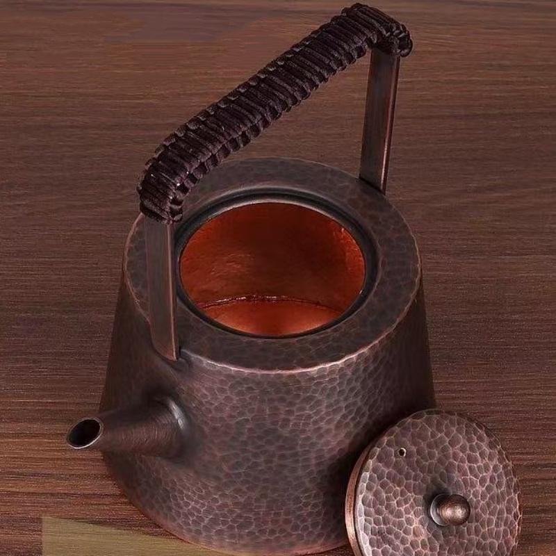 Outdoor Vintage Copper Coffee Kettle,Handcrafted Hammer Texture Weave With lid Handheld Camping Pot,Heat Resistant Filter Teapot
