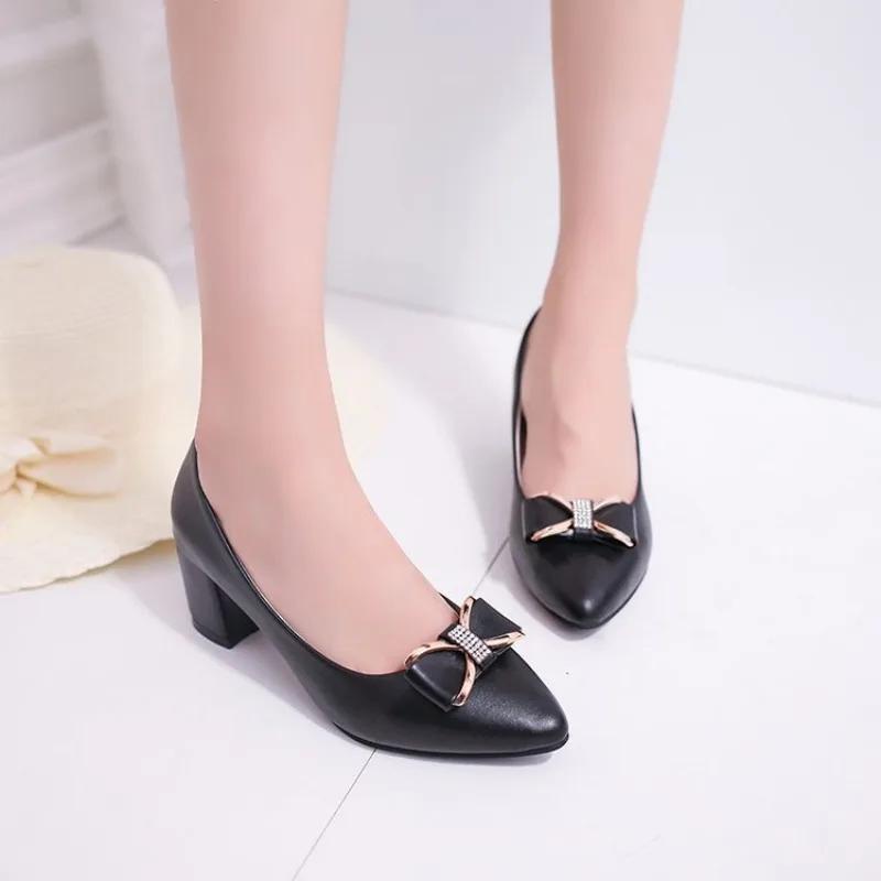 Fashion Spring/autumn Women's Shoes Soft Bottom Bow Round Headed Shallow Mouth Mid-high Heels Work Shoes Available in All Seasons