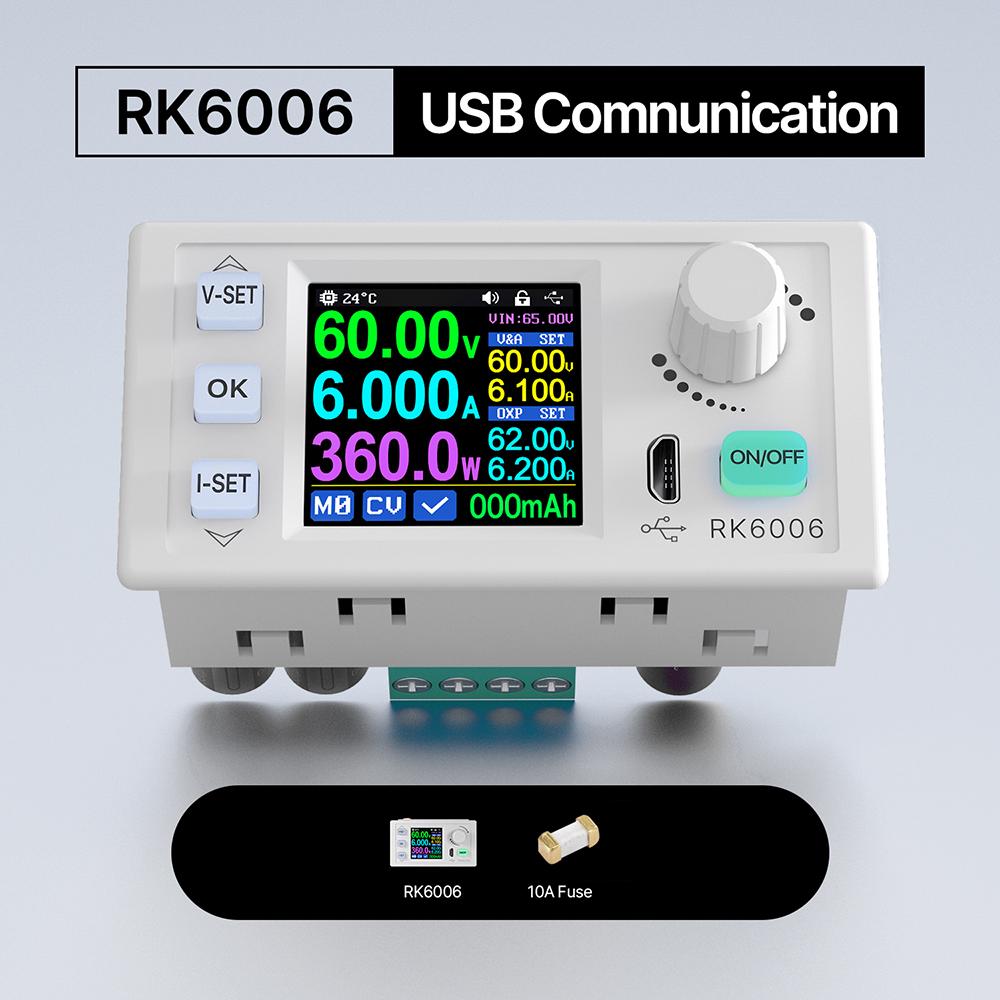 

RK6006 RK6006-BT DC Power Supply Four Digit 60V 6A Voltage Step Down USB/Bluetooth Communication Board Adjustable Buck Converter