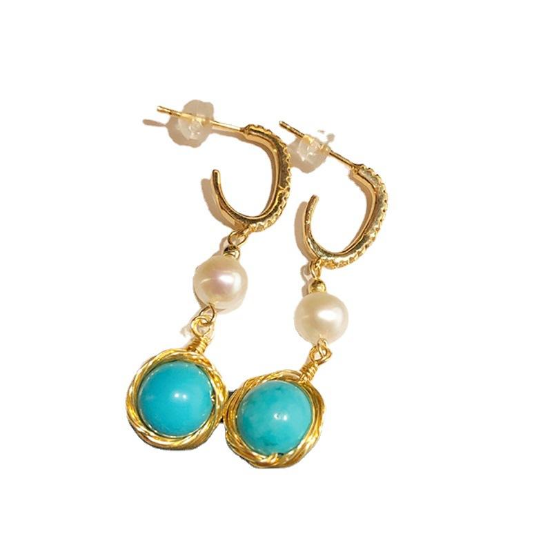 Natural Freshwater Pearl Earrings 11k Gold Inlay Fashionable Light Luxury High-end Hand-wound Turquoise Long Earrings