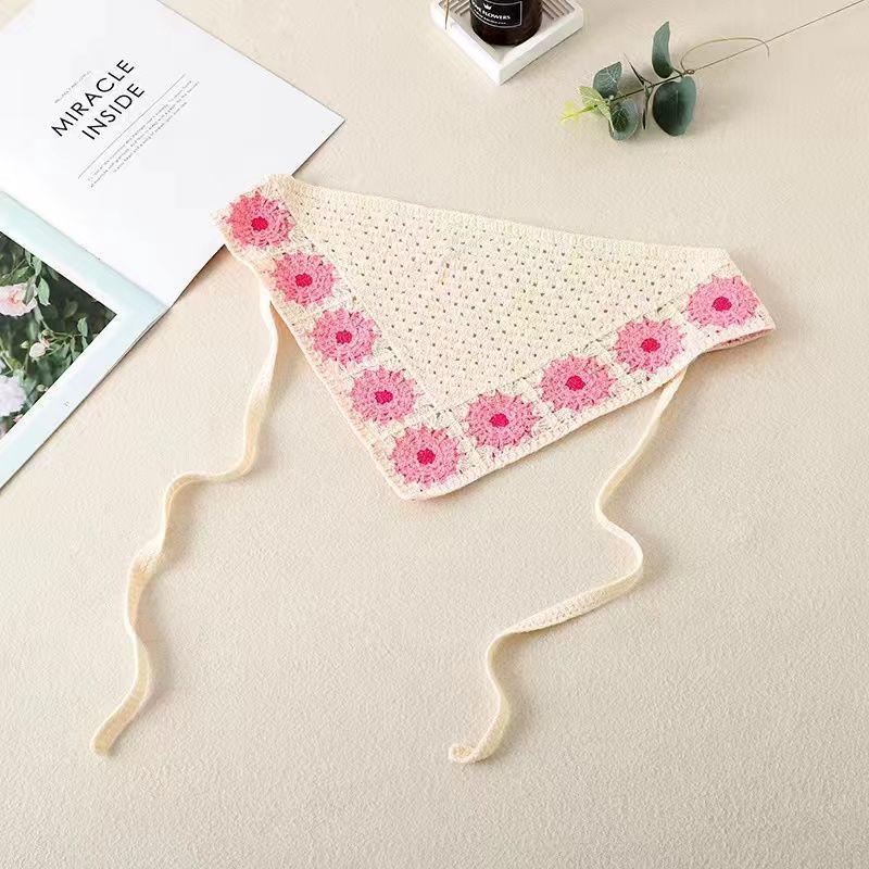 Korean Style Knitted Crochet Triangle Scarf: Women's Sweet Flower Headscarf Hat