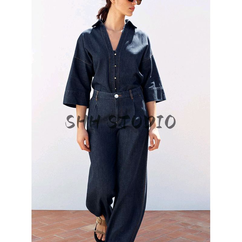 Wide Sleeve Lapel Casual Denim Shirt 2783781 Wide Leg High Waist Minimalist Casual Casual Pleated Pants 2881781