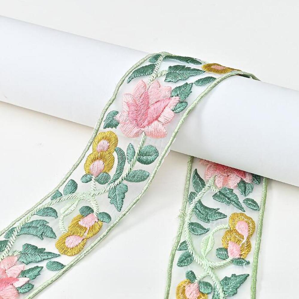 1Yard Pink Green Leaves Flower Lace Fabric DIY Clothes Embroidered Lace Trim Accessories