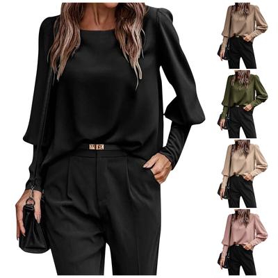 Women's Fashion Round Neck Long Sleeve Button Decoration Solid Color Loose Top