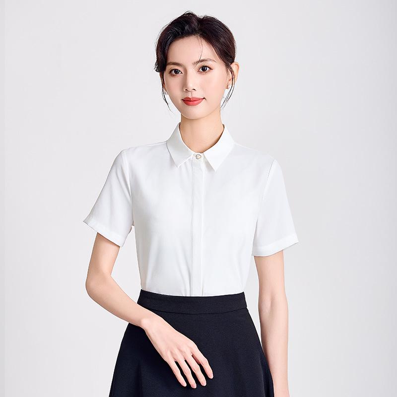 Petite Women's Short Sleeve White Blouse - Professional Spring/Summer Work Uniform for Civil Servants