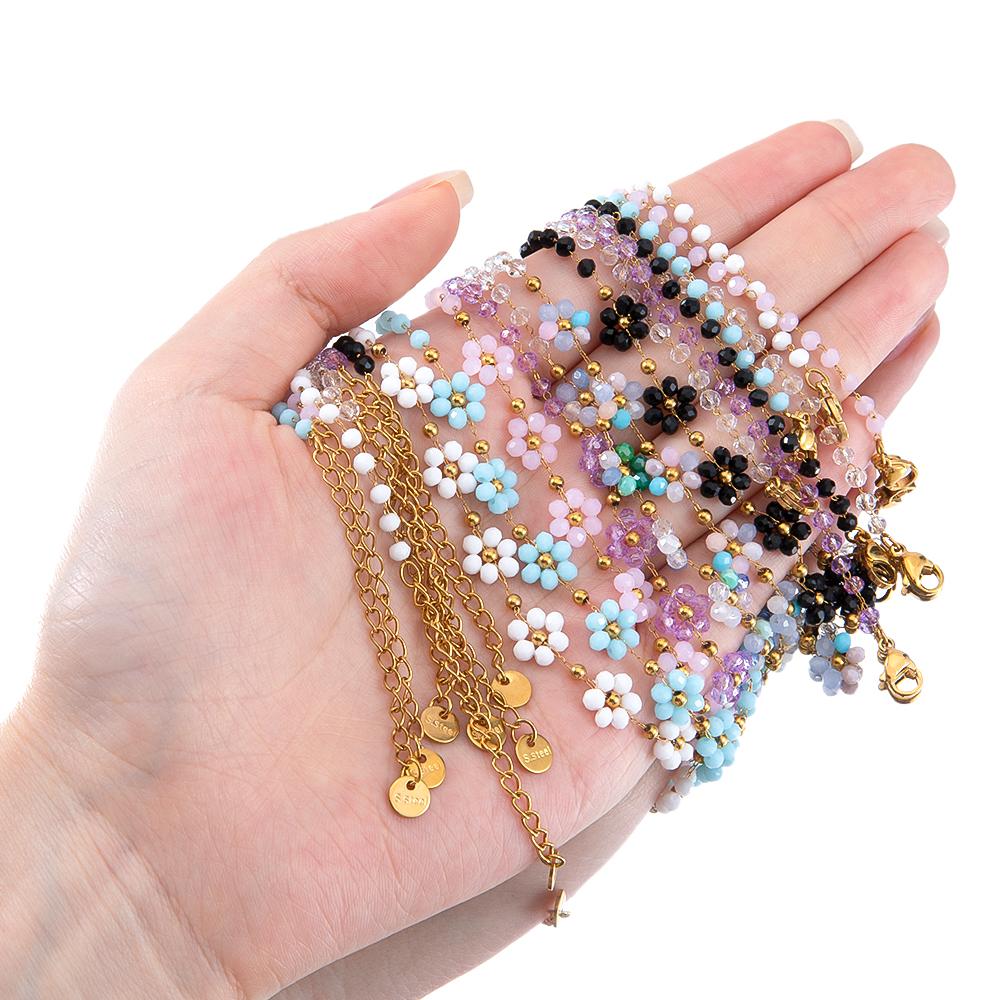 1pcs Stainless Steel Crystal Flower Beaded Chains Lobster Clasps Braid Bracelet Necklace for Women DIY Jewelry Making Wholesale