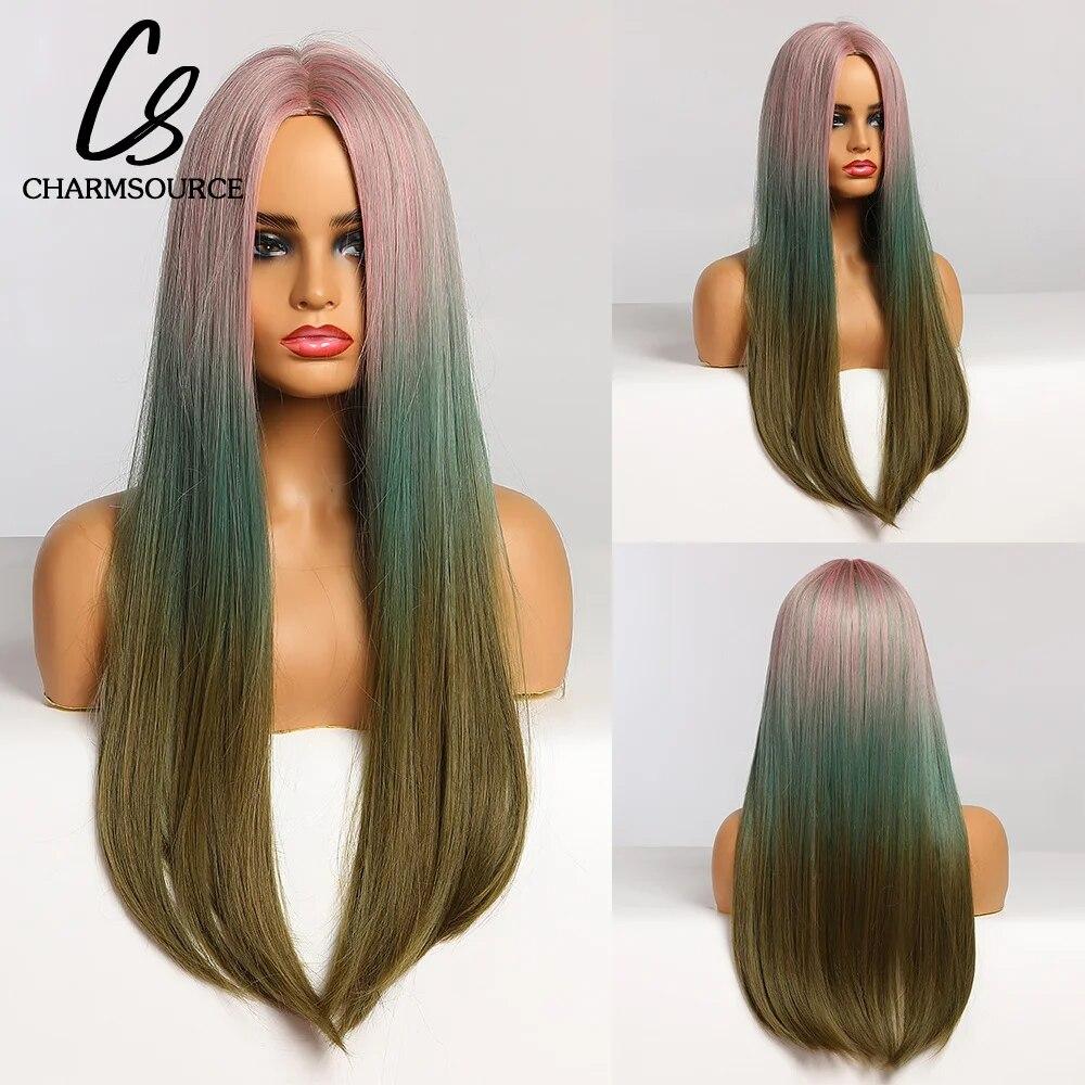 Short Straight Bob Synthetic Wigs with Bangs for Women Brown To Blonde Wig Cosplay Party Daily Heat Resistant Fiber Hair