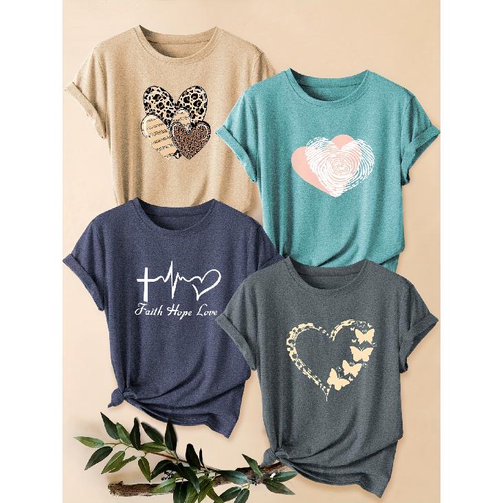 Four-piece set of women's heart-patterned short-sleeve shirts Leopard print hollow-out pink heart ECG print round-neck summer dress T Shirt Suitable