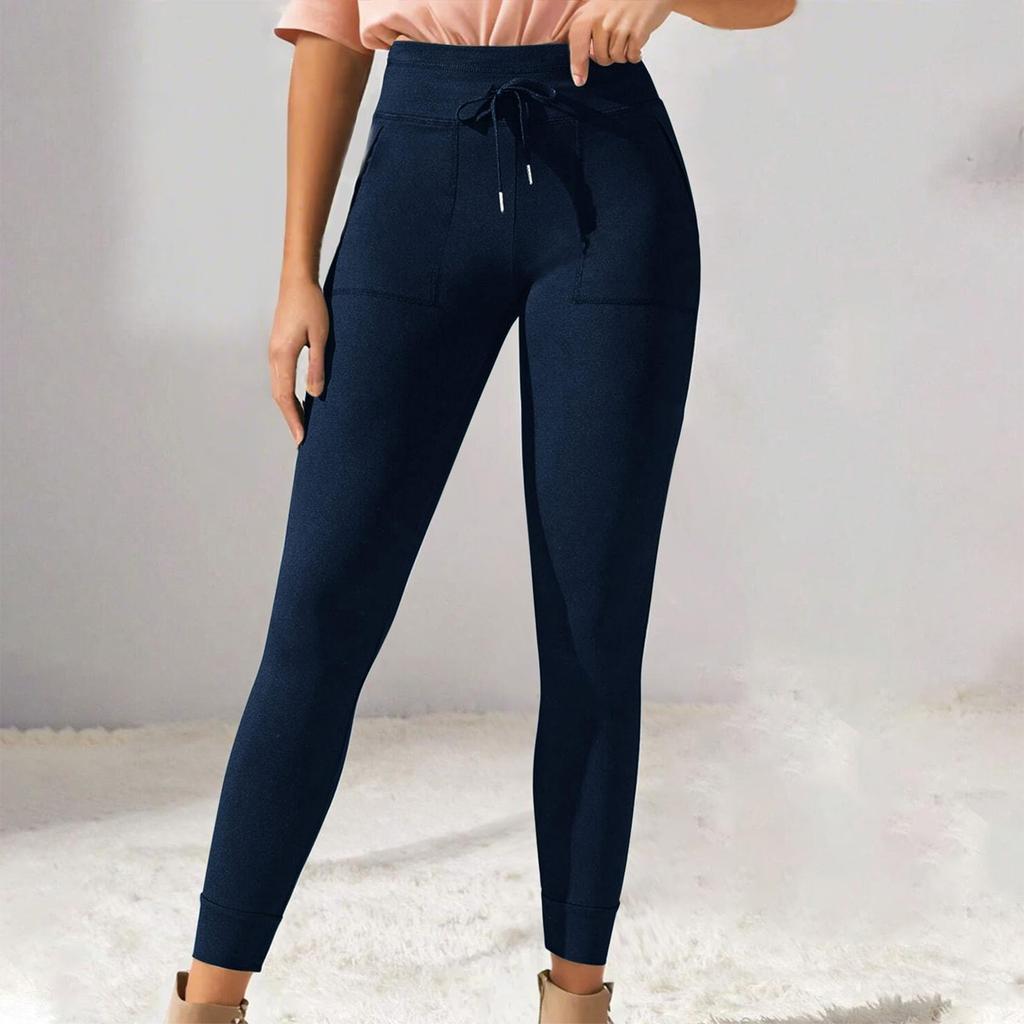 Damenhose mit hoher Taille, einfarbig, mit Kordelzug, zum Schnüren, lässige Hose, elastische, schmale, lange, enge Lauf-Stretch-Fitnesshose