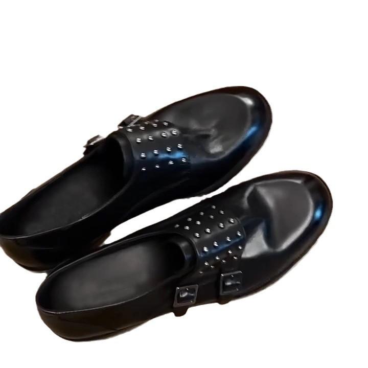 Leather retro rivet belt buckle loafers munk shoes thick heel round head small leather shoes women's autumn and winter deep mouth single shoes