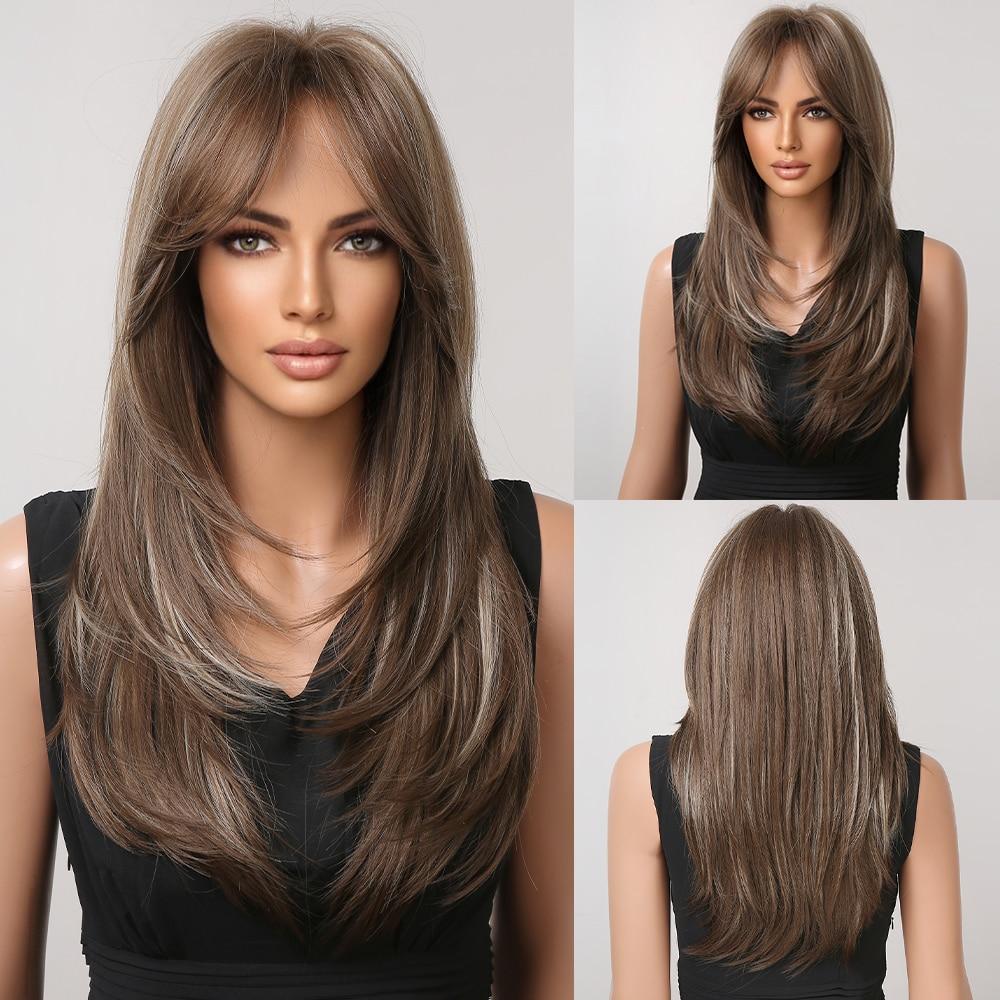 EASIHAIR Dlouhé rovné paruky s ofinou Tmavě hnědá s blond melír Syntetické paruky pro ženy Denní paruky do vlasů Odolné vůči teplu