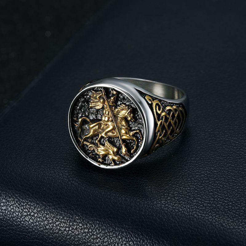 Anello Vintage Cattolico San Michele Arcangelo che Uccide il Drago per Uomini Donne Punk Acciaio Inossidabile 316L Cavaliere San Michele Protezione Gioiello