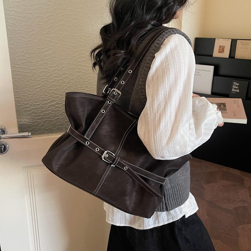 Womens Casual PU Leather Tote Bag Belt Buckle Detail Stitch Accent Large Capacity Minimalist Daily Bag for Commute Travel Everyday Use Durable