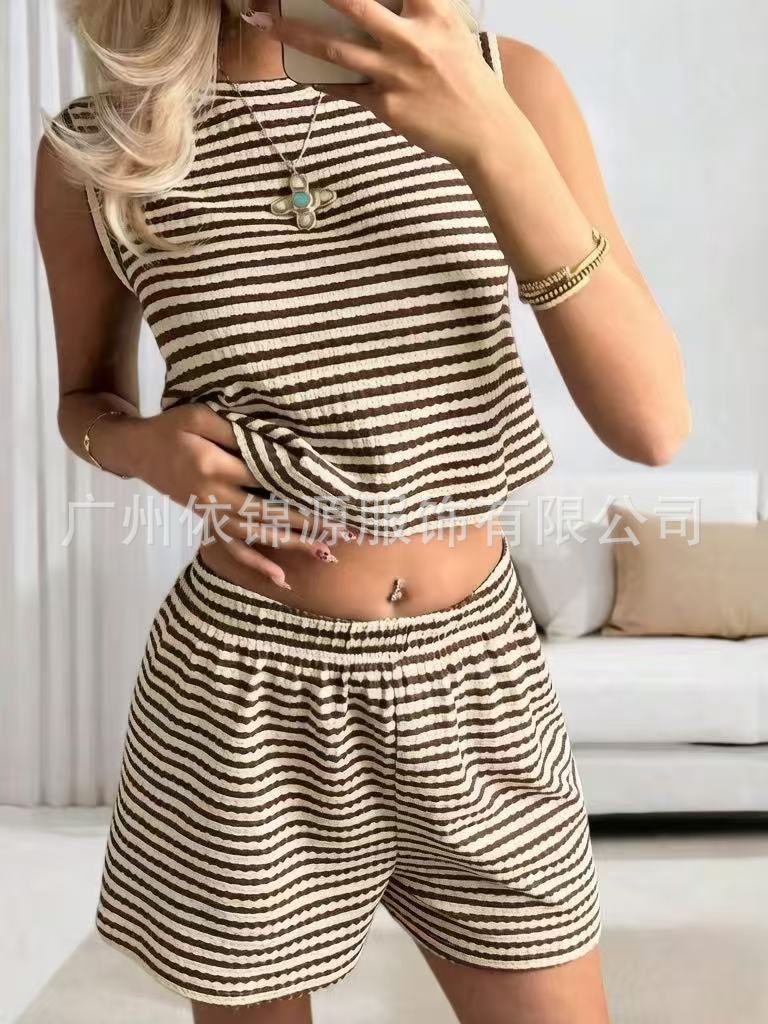 Women Striped Sleeveless Crop Top and Shorts Set Casual Knitted Two Piece Outfit