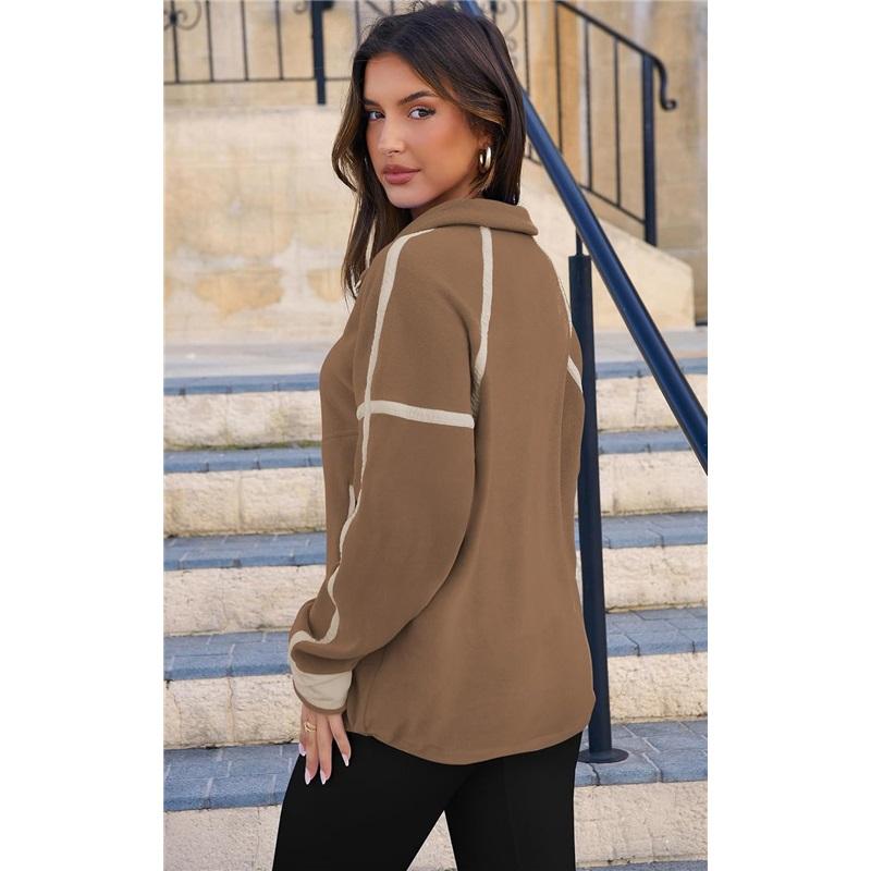 Women's Color Block Striped Half Zip Polo Sweatshirt Loose Long Sleeve Casual Pullover Top