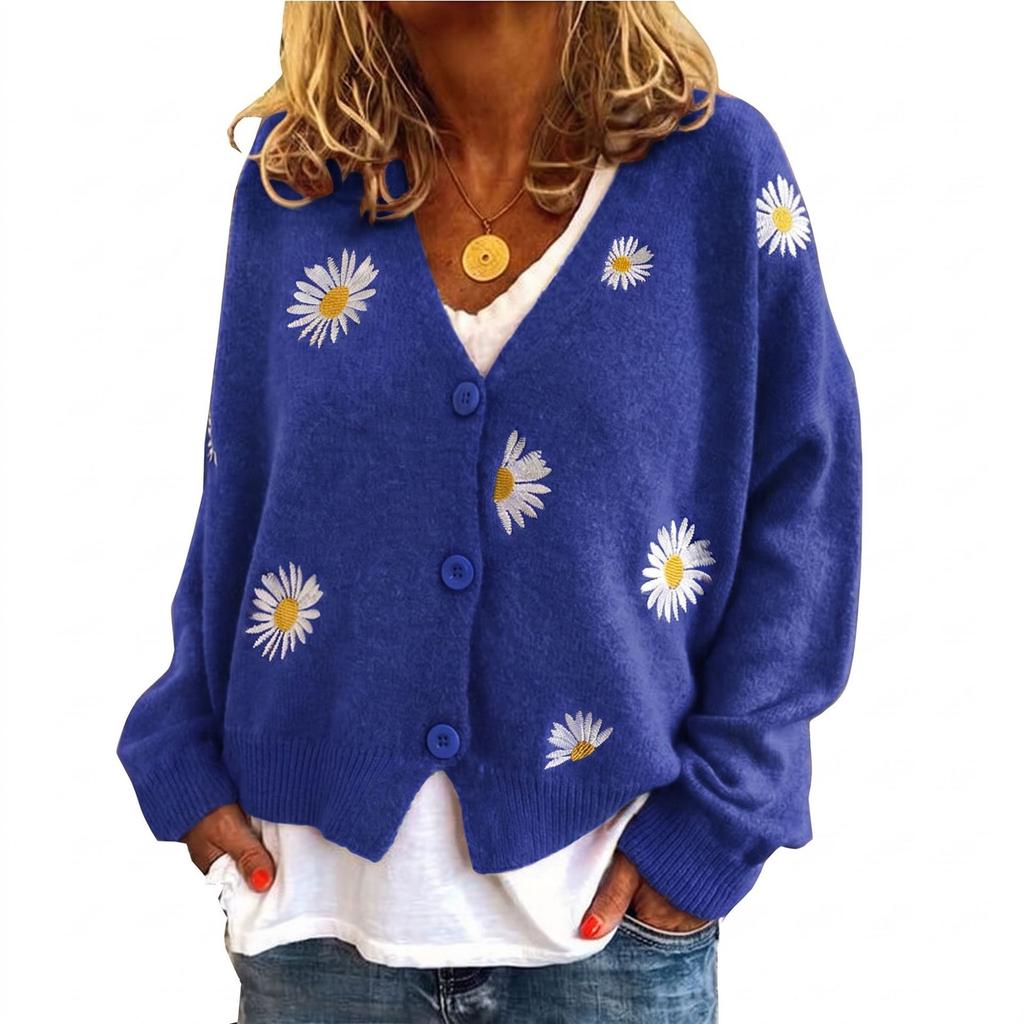 YYFS Suéteres Casuales de Moda para Mujer Otoño Invierno Estampado de Flores Manga Larga Cuello en V