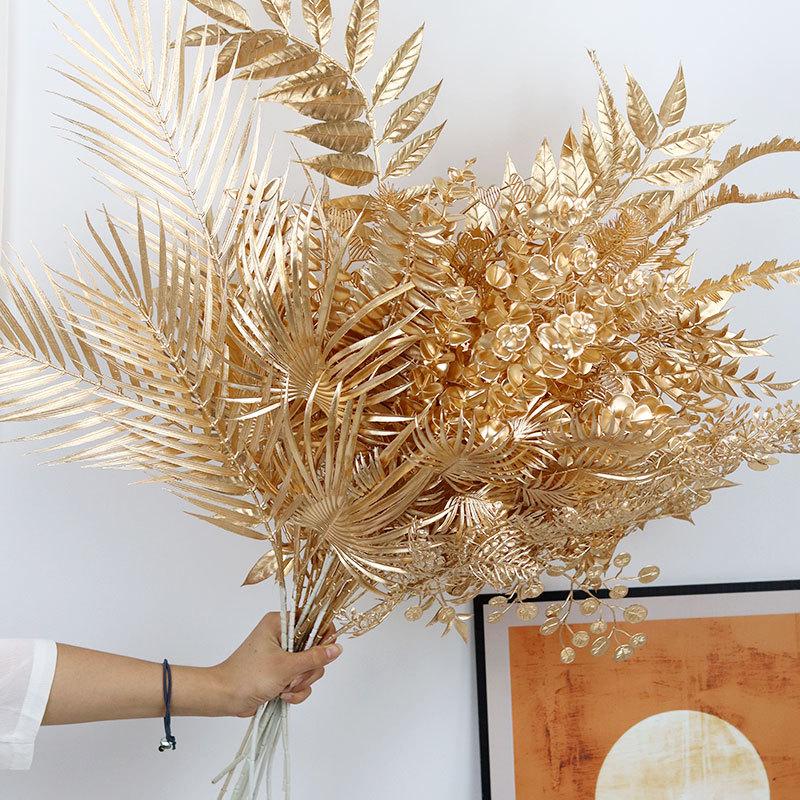 Golden Floral Bouquet: Ginkgo Leaves, Eucalyptus, Red Holly Berries - New Year Lucky Decoration Ornaments