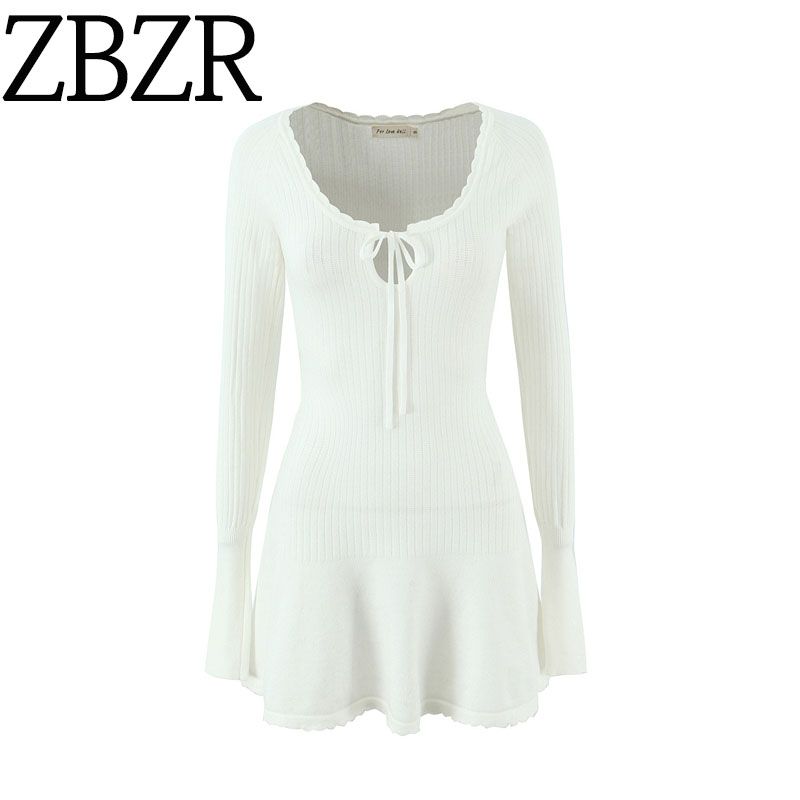 Zbzr Autumn New Women Clothes French Style Wavy Edge Chest Lace-up Slim Fit Sheath Long Sleeve Solid