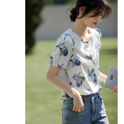 Youthful Age-reducing Temperament Short-sleeved Shirt Summer Fresh and Elegant Printed Round Neck Top