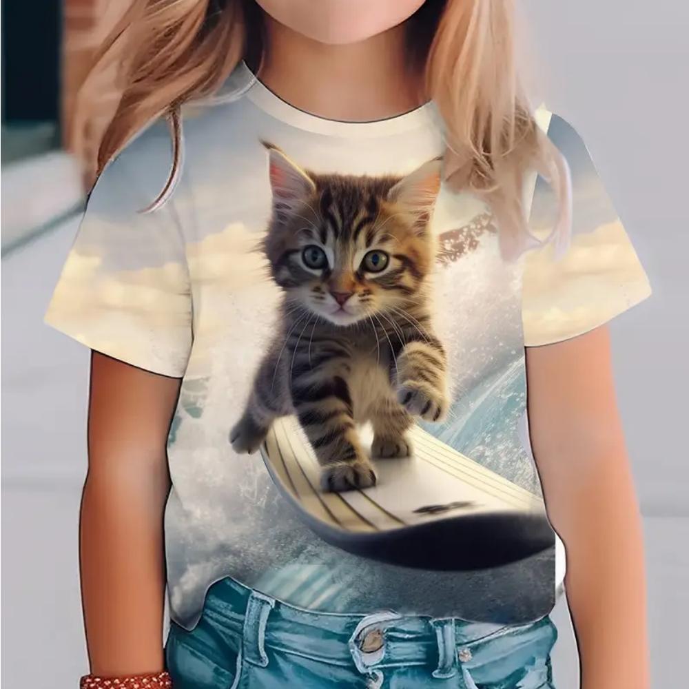 Cat casual comfortable pattern T-shirt printed with cute and interesting summer streetwear, photo girl T-shirt
