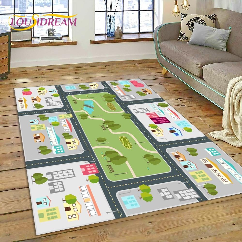 3D Autobahn Laufsteg Spielzimmer Stadtverkehr Straßenkarte Kinderspielmatte Teppich für Wohnzimmer Schlafzimmer Heimdekor, Rutschfest für Sofa