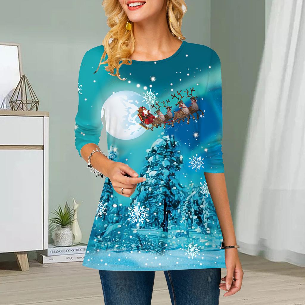 Plus Size Women Flower Santa Claus Print Round Neck Casual Loose Long Sleeve Top