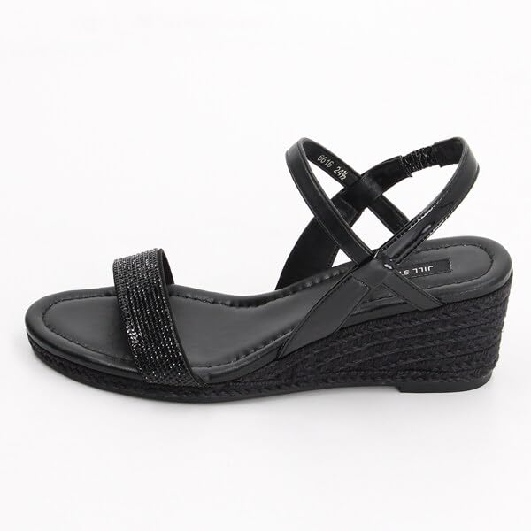JILL STUART SHOE Women's Rhinestone Jute Wedge Sandals 6616, Black/Black, Size 22.5cm, E
