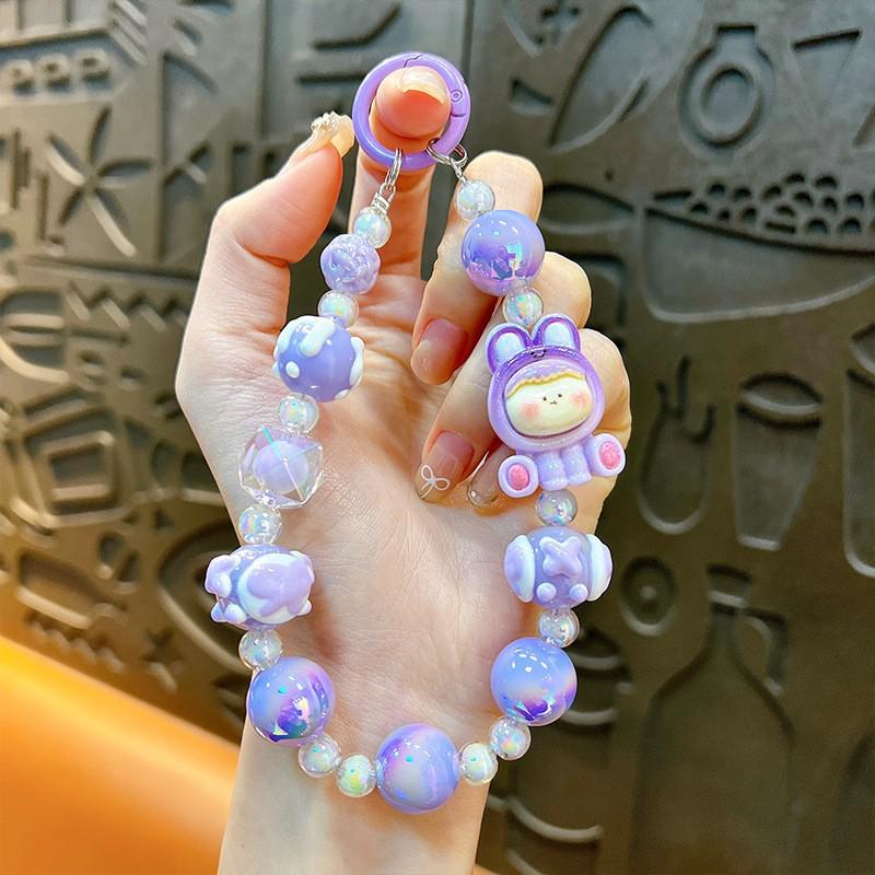 Cute Cartoon Beaded Lanyard & Wrist Strap with Keyring and Bag Charm for Little Girls