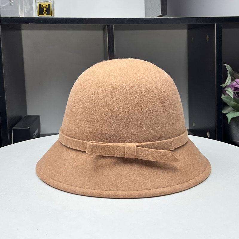 Hepburn small fragrant wind wool styling basin hat women's autumn and winter simple and elegant bow bucket hat small brim hat