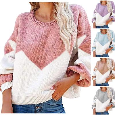 Suéter feminino casual solto com bloqueio de cores, gola redonda e comprimento grande