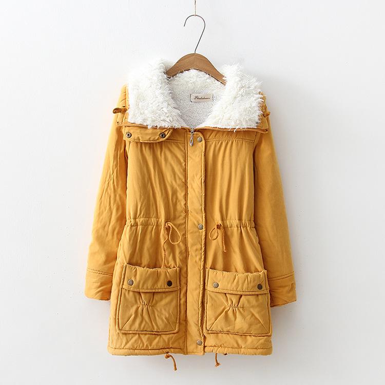 Autumn and Winter Mid-length Tooling Cotton-padded Jacket Women's Drawstring Waist Lamb Velvet Thick Warm Jacket