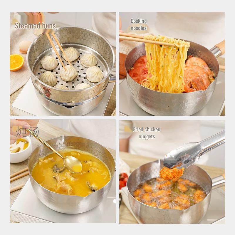 Japanese Yukihira Pot with Steamer - Small Stainless Steel Non-Stick Milk, Noodle, and Baby Food Pot with Wooden Handle for Home Use