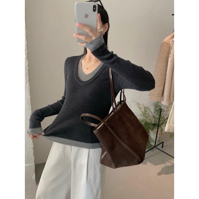 Trendy Retro Fake Two-piece Knitted Sweater Women's Autumn and Winter Collar Sexy Contrasting Color Inner Bottoming Shirt Top