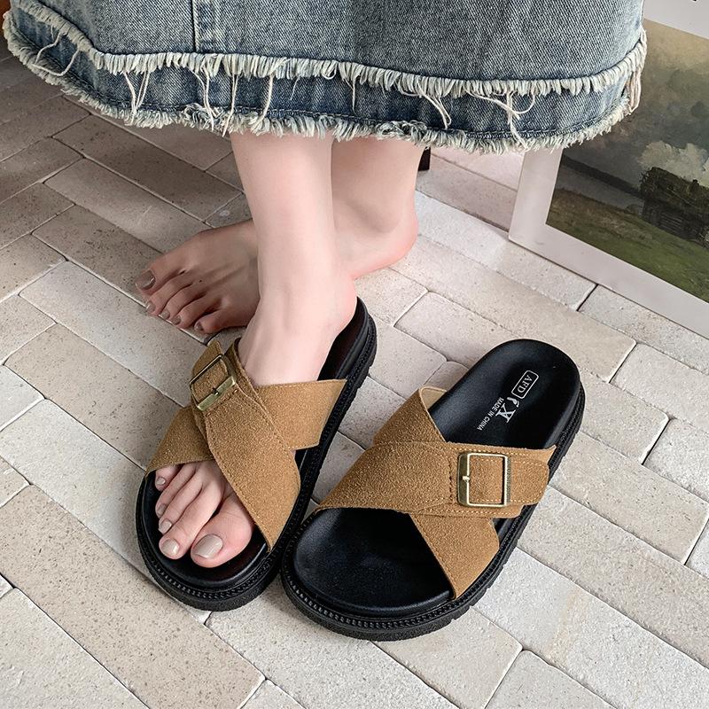 Fashion Women Slippers Summer Open Toe Platform Casual Slippers Buckle Flat Slippers Retro Comfort Non Slip Fashion Outdoor Beach Shoes