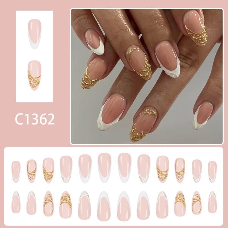 24 Pezzi Unghie Finte Eleganti Design French Tip con Glitter Dorati Scintillanti Arte 3D Unghie Artificiali Durata Costruzione in ABS